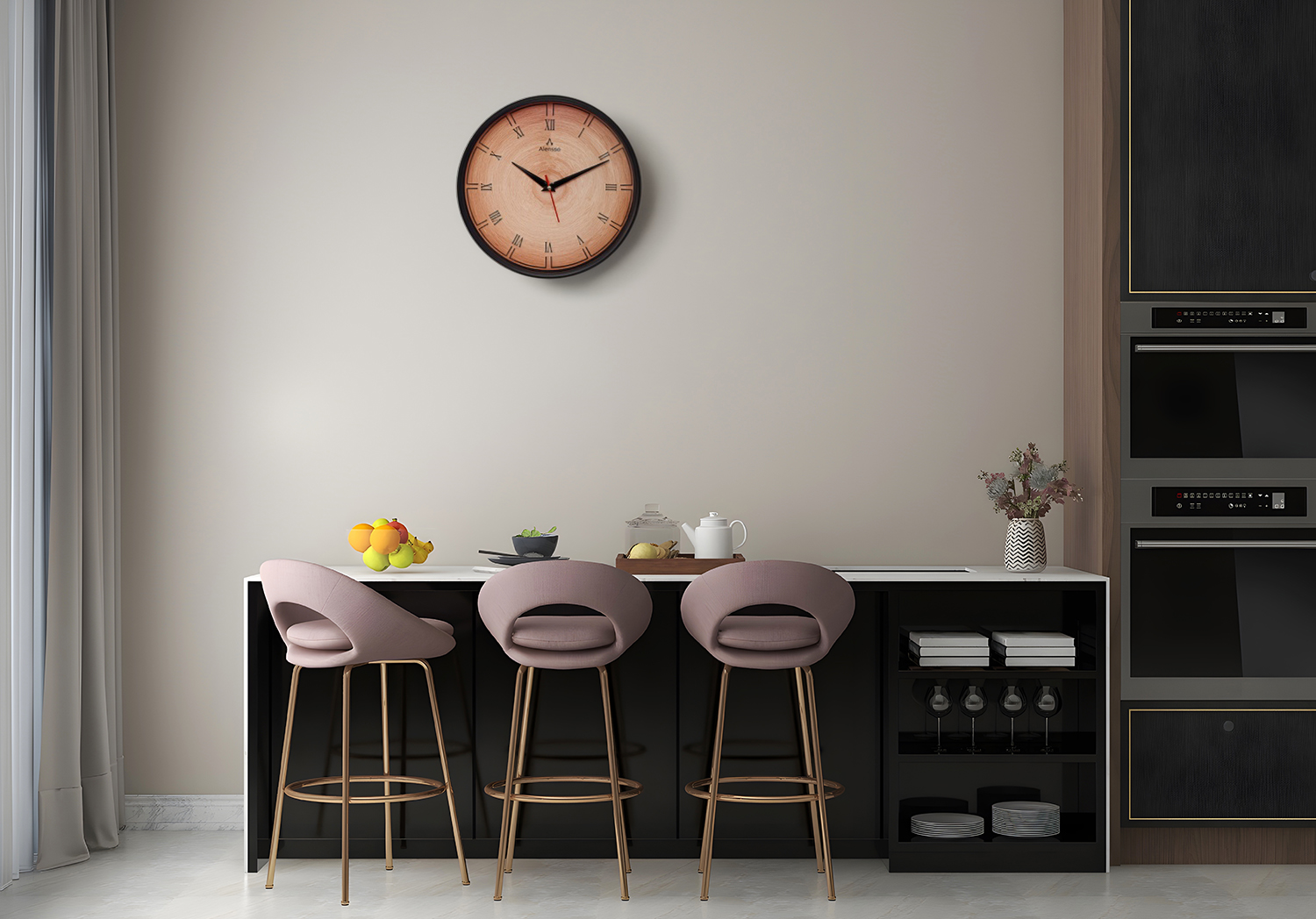 Alensso Model 1144 Round Wall Clock with Wood Texture
