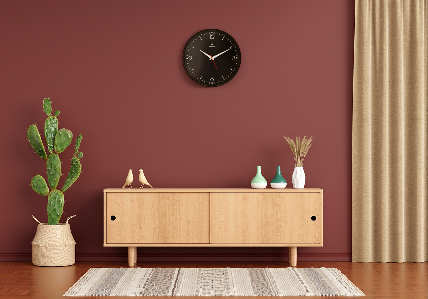 Alensso Model 1144 Round Wall Clock with Black Dial