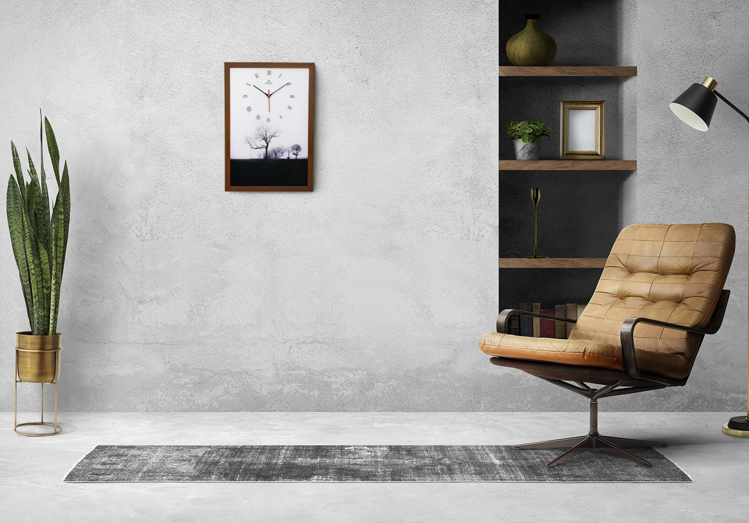 Alensso Aurelio Brown Wood-Look Finish Roman Wall Clock with Artistic Tree Landscape Design
