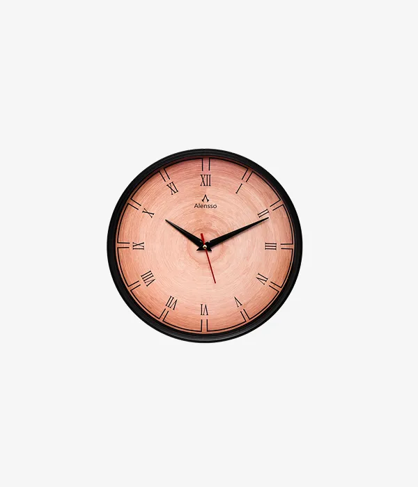 Alensso Model 1144 Round Wall Clock with Wood Texture