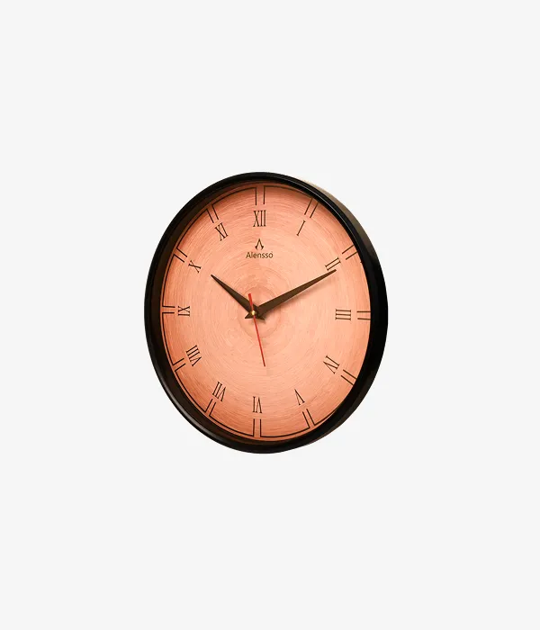 Alensso Model 1144 Round Wall Clock with Wood Texture