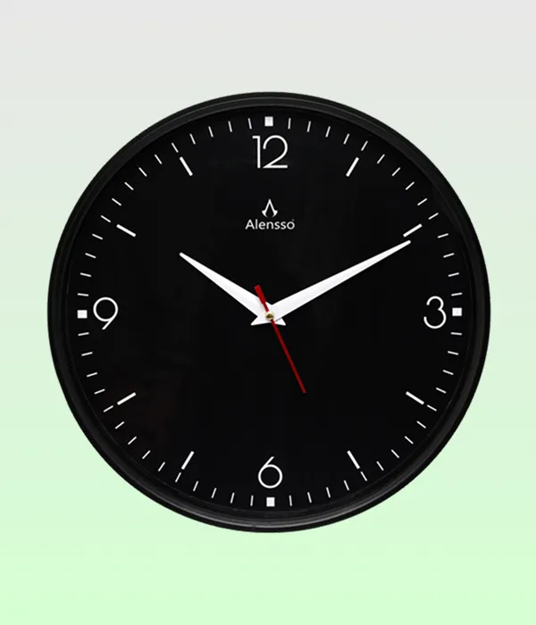 Alensso Model 1144 Round Wall Clock with Black Dial