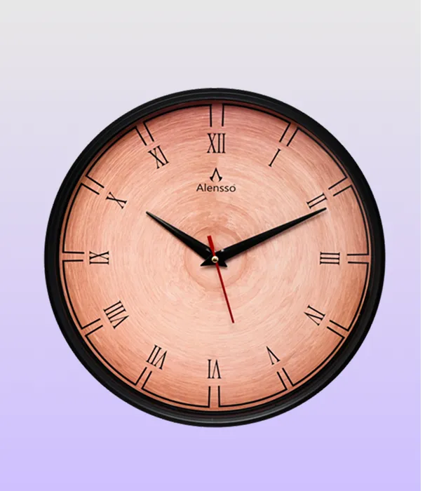 Alensso Model 1144 Round Wall Clock with Wood Texture