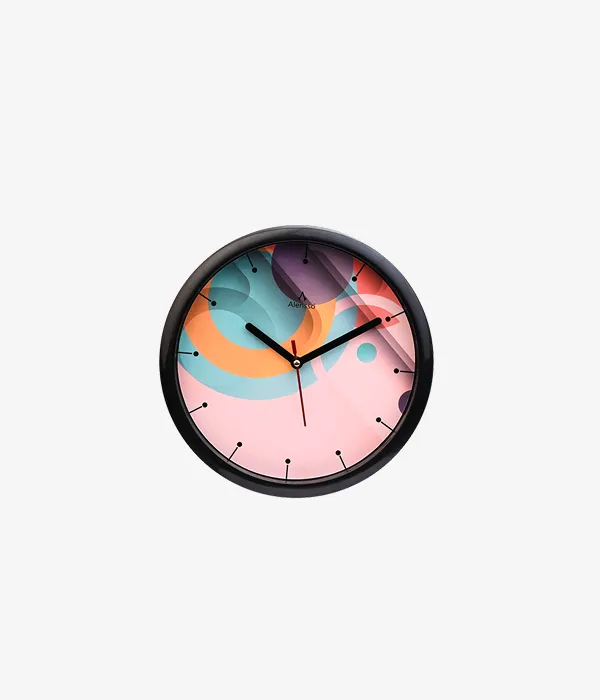 Alensso Model 761 Round Wall Clock with Abstract Colorful Geometric Dial – Black Frame