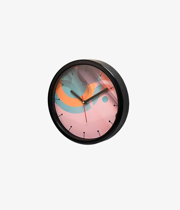 Alensso Model 761 Round Wall Clock with Abstract Colorful Geometric Dial – Black Frame