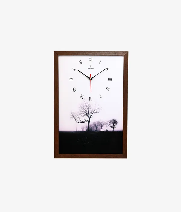 Alensso Aurelio Brown Wood-Look Finish Roman Wall Clock with Artistic Tree Landscape Design