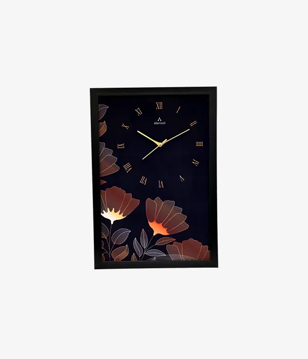 Alensso Aurelio Black Wood-Look Finish Roman Wall Clock with Elegant Floral Art Dial