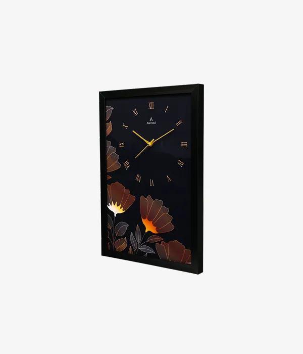 Alensso Aurelio Black Wood-Look Finish Roman Wall Clock with Elegant Floral Art Dial