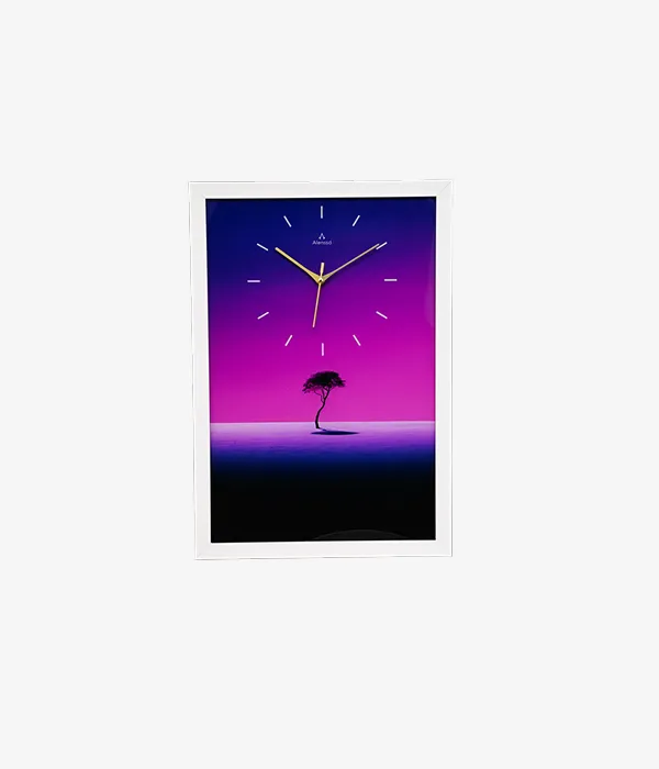 Alensso Aurelio White Wood-Look Finish Wall Clock with Minimalist Sunset Tree Design