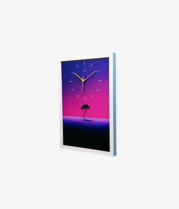 Alensso Aurelio White Wood-Look Finish Wall Clock with Minimalist Sunset Tree Design