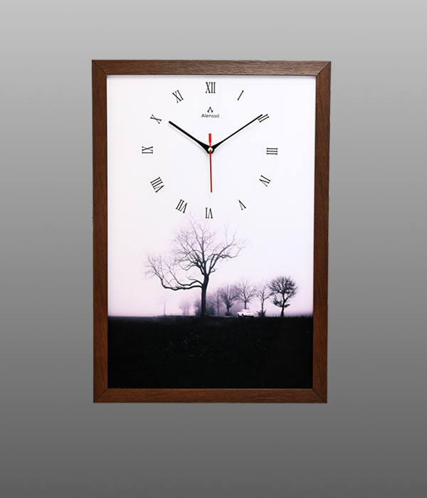Alensso Aurelio Brown Wood-Look Finish Roman Wall Clock with Artistic Tree Landscape Design
