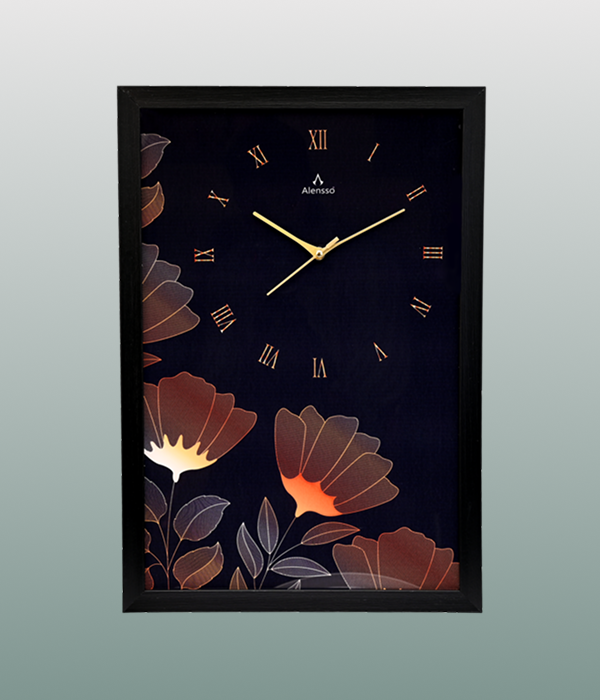 Alensso Aurelio Black Wood-Look Finish Roman Wall Clock with Elegant Floral Art Dial