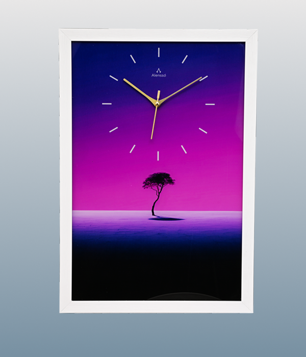Alensso Aurelio White Wood-Look Finish Wall Clock with Minimalist Sunset Tree Design